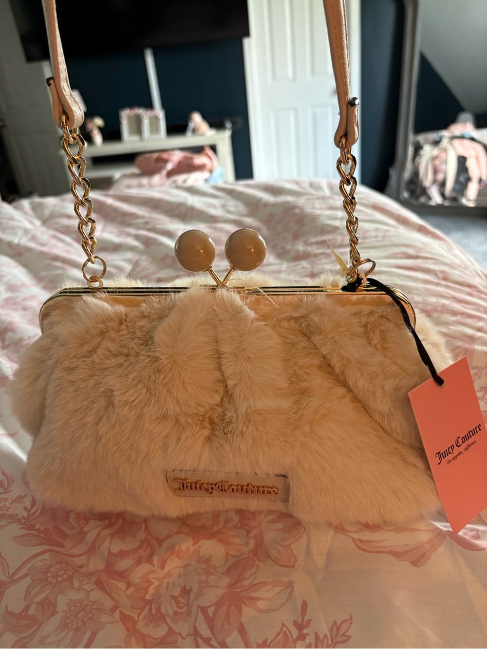 Juicy Couture Peach Faux Fur Chain Shoulder Clutch